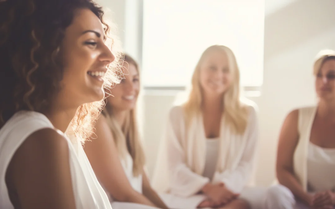 Eine Gruppe Frauen sitzen gemeinsam im Zimmer und unterhalten sich